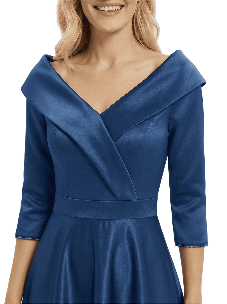 Chicsew Modern Off Shoulder 3/4 Sleeve Satin Mother of The Groom Dress Midi A-Line Formal Gown