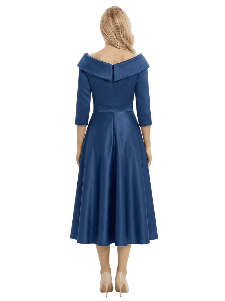 Chicsew Modern Off Shoulder 3/4 Sleeve Satin Mother of The Groom Dress Midi A-Line Formal Gown