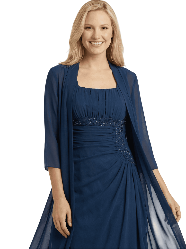 Chicsew Classy Square 3/4 Sleeve Chiffon Mother of The Groom Dress Midi Set Sheer Jacket Beaded Gown