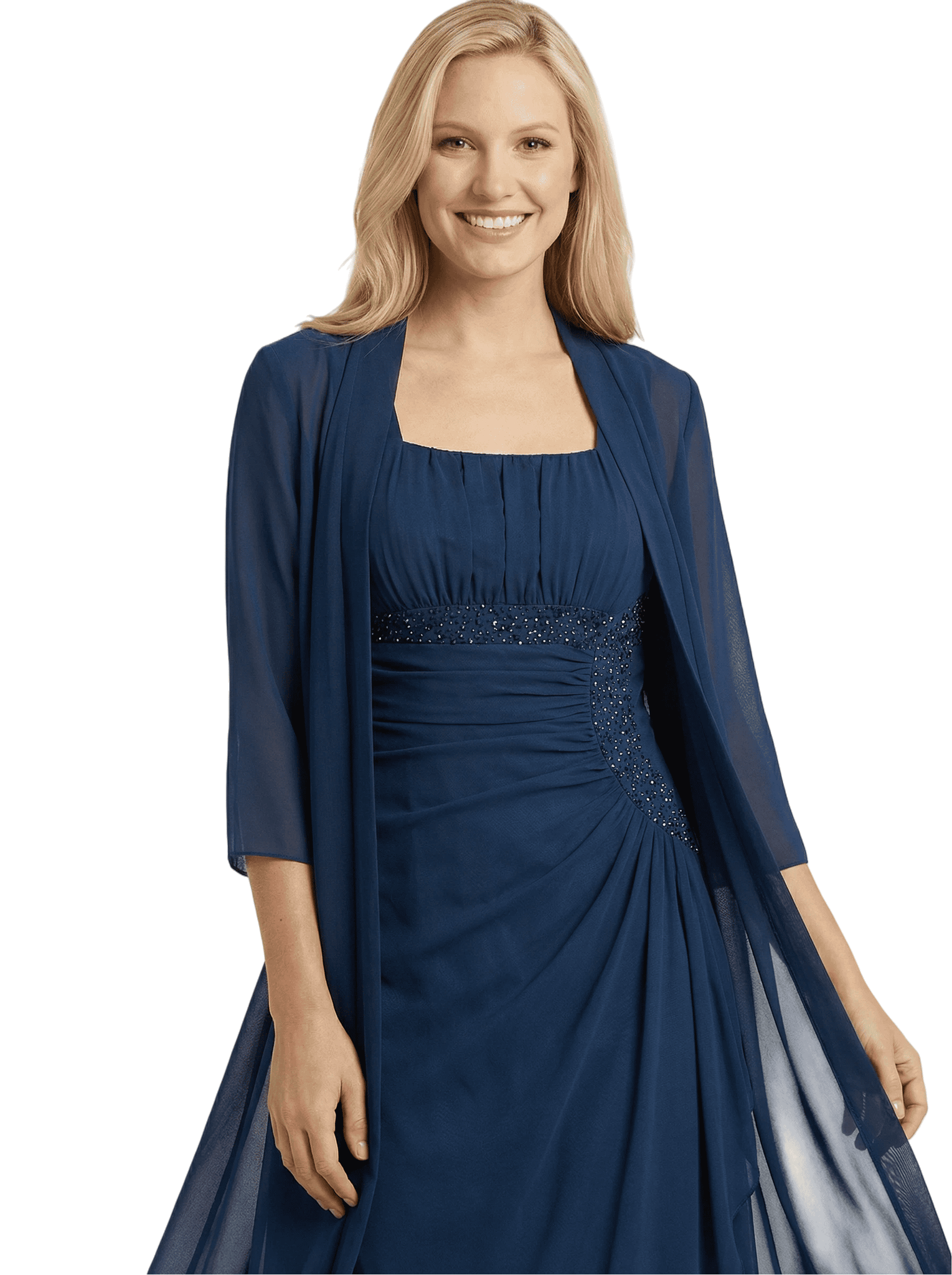 Chicsew Classy Square 3/4 Sleeve Chiffon Mother of The Groom Dress Midi Set Sheer Jacket Beaded Gown