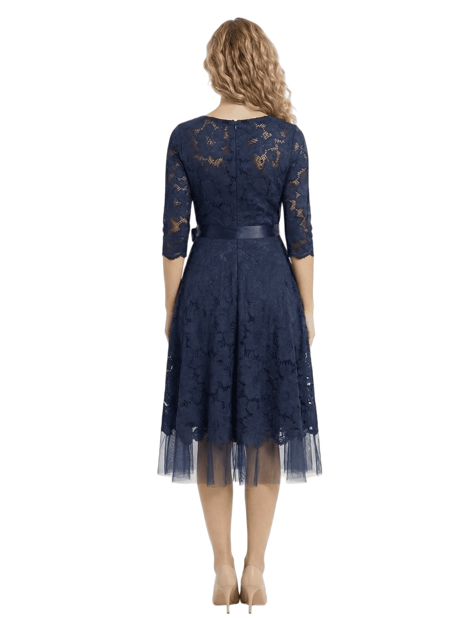 Chicsew Beautiful V-Neck 3/4 Sleeve Lace Mother of The Bride Dress Midi A-Line Bow Accent Flowy Gown