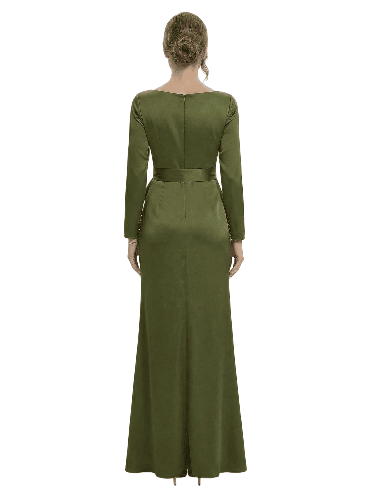 Chicsew Unique Jewel Long Sleeve Satin Mother of The Groom Dress Long A-Line Ruffle Bow Stylish Gown