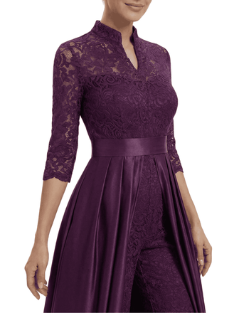 Chicsew Mother of The Groom Outfit V-Neck 3/4 Sleeve Lace Pantsuit Satin Overskirt