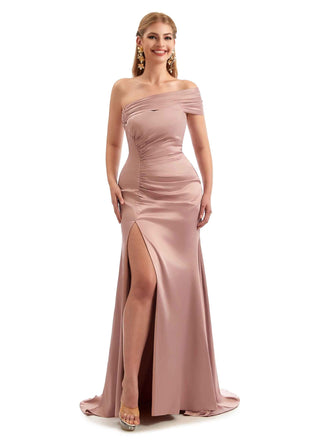 Modern Side Split One Shoulder Long Stretchy Satin Bridesmaid Dresses Online