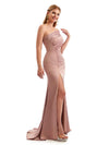 Modern Side Split One Shoulder Long Stretchy Satin Bridesmaid Dresses Online