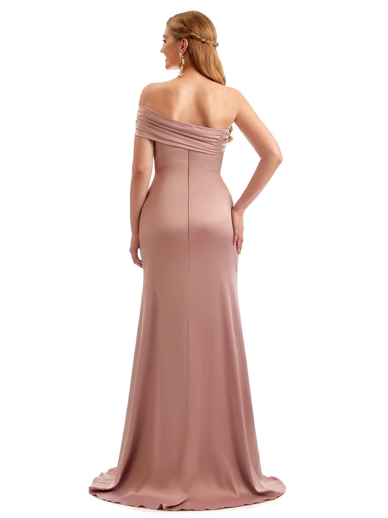 Modern Side Split One Shoulder Long Stretchy Satin Bridesmaid Dresses Online