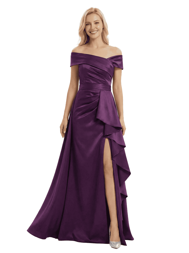 Chicsew Sexy Off Shoulder Side Slit Ruffles Mermaid Satin Mother of The Bride Dress With Train