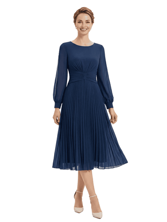 Chicsew Classy Pearls Beaded Long Sleeves A-Line Chiffon Mother of The Groom Dress