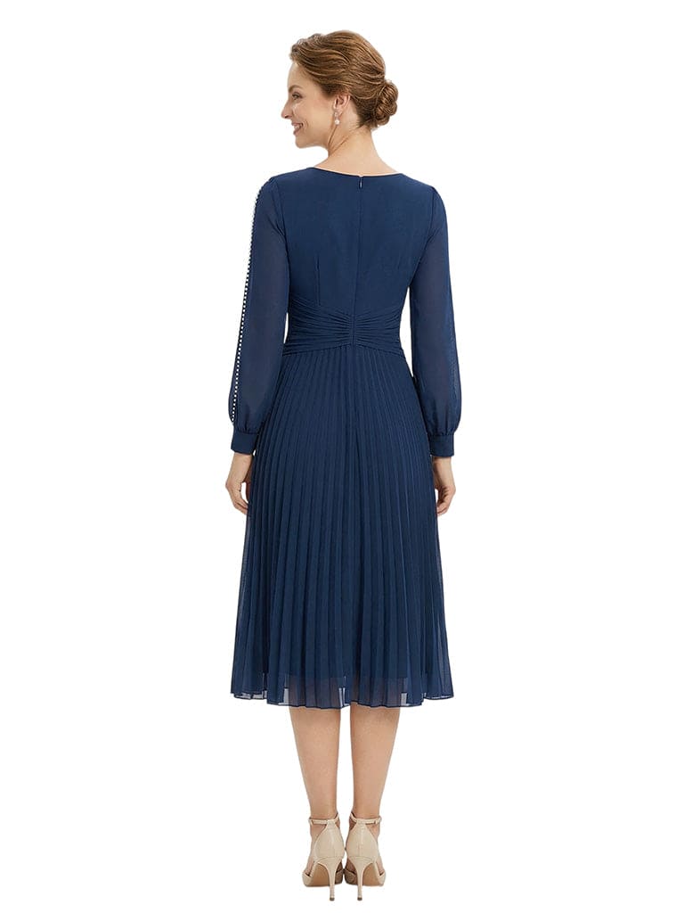 Chicsew Classy Pearls Beaded Long Sleeves A-Line Chiffon Mother of The Groom Dress