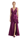 Chicsew Sexy V-neck Ruffles Side Slit A-Line Satin Mother of The Bride Dress With Floral Detail