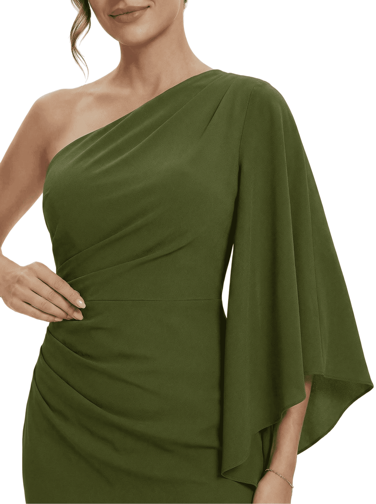 Chicsew Mother of The Bride Dress One Shoulder Draped Trumpet Maxi Gown Unique Flowy Sleeve Design