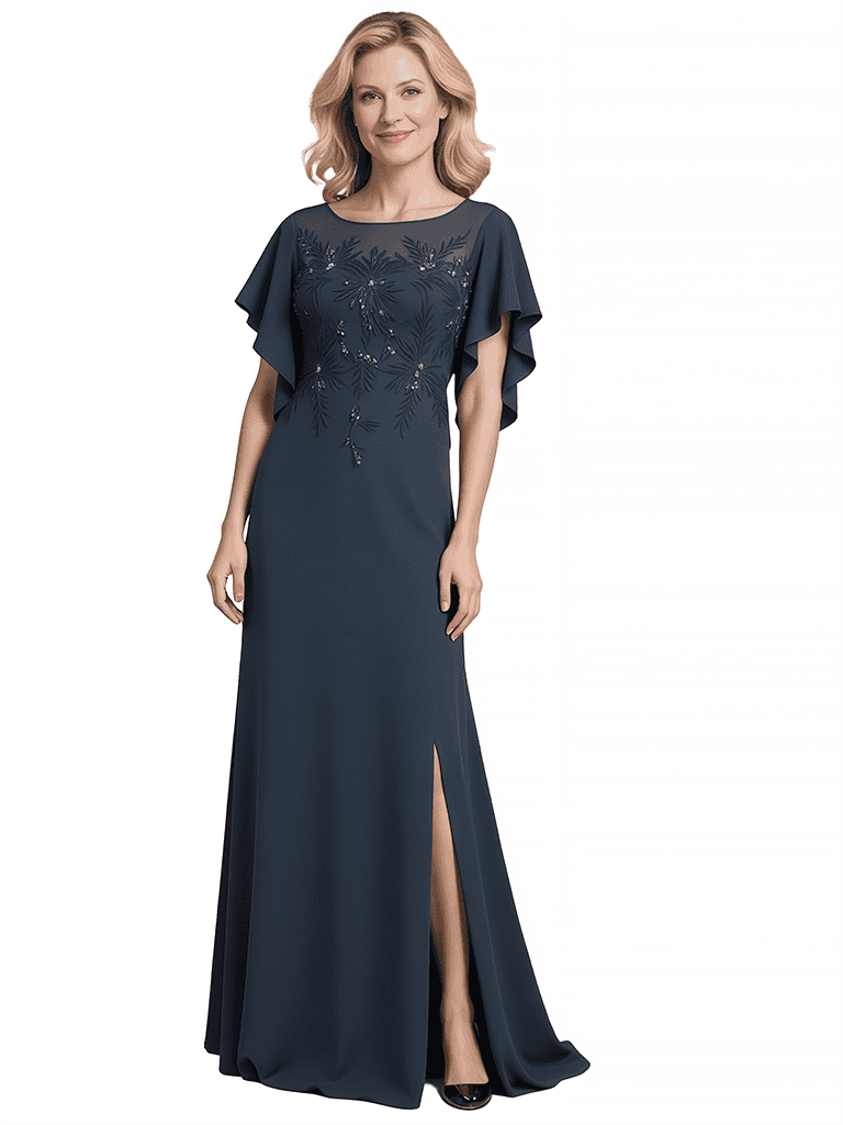 Elegant A-Line Bateau Flutter Sleeves Side Slit Chiffon Mother of The Bride Dresses