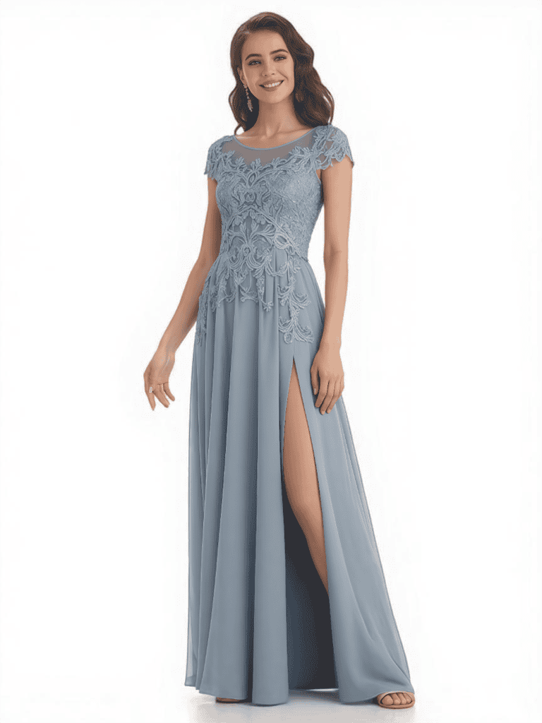 Elegant A-Line Jewel Short Sleeves Side Slit Lace Chiffon Mother of The Bride Dresses