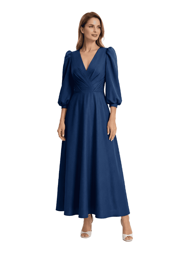 Fancy 3/4 Sleeves V-Neck Chiffon Mother Of The Bride Dress Ruched Maxi Formal Gown