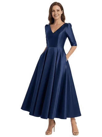 Mother of The Bride Gown Half Sleeves V-Neck Satin Mermaid Tea-lengh Stylish Formal Gown
