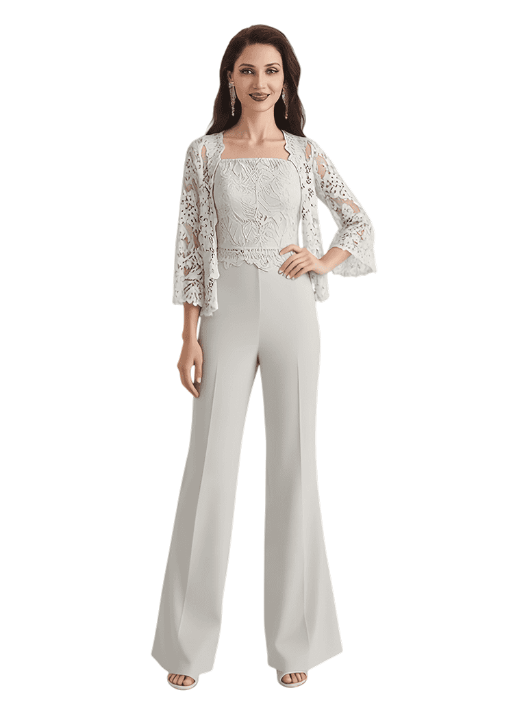 Elegant Square Chiffon And Lace Long Sleeves Pantsuit For Mother Of The Bride and Jacket