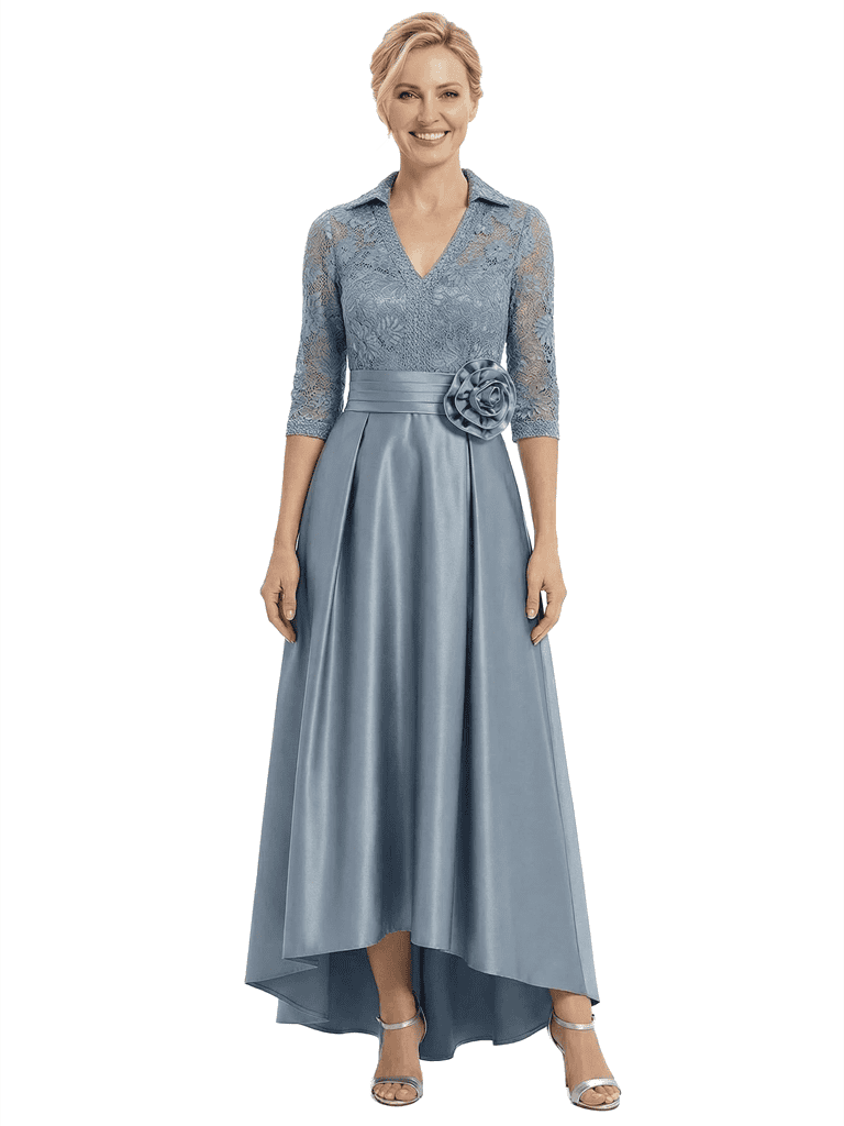 Chicsew Mother of The Bride Dresses V-Neck Half Sleeve Lace Satin High-Low Gown Unique Flower Detailed Formal Wedding Event Attire