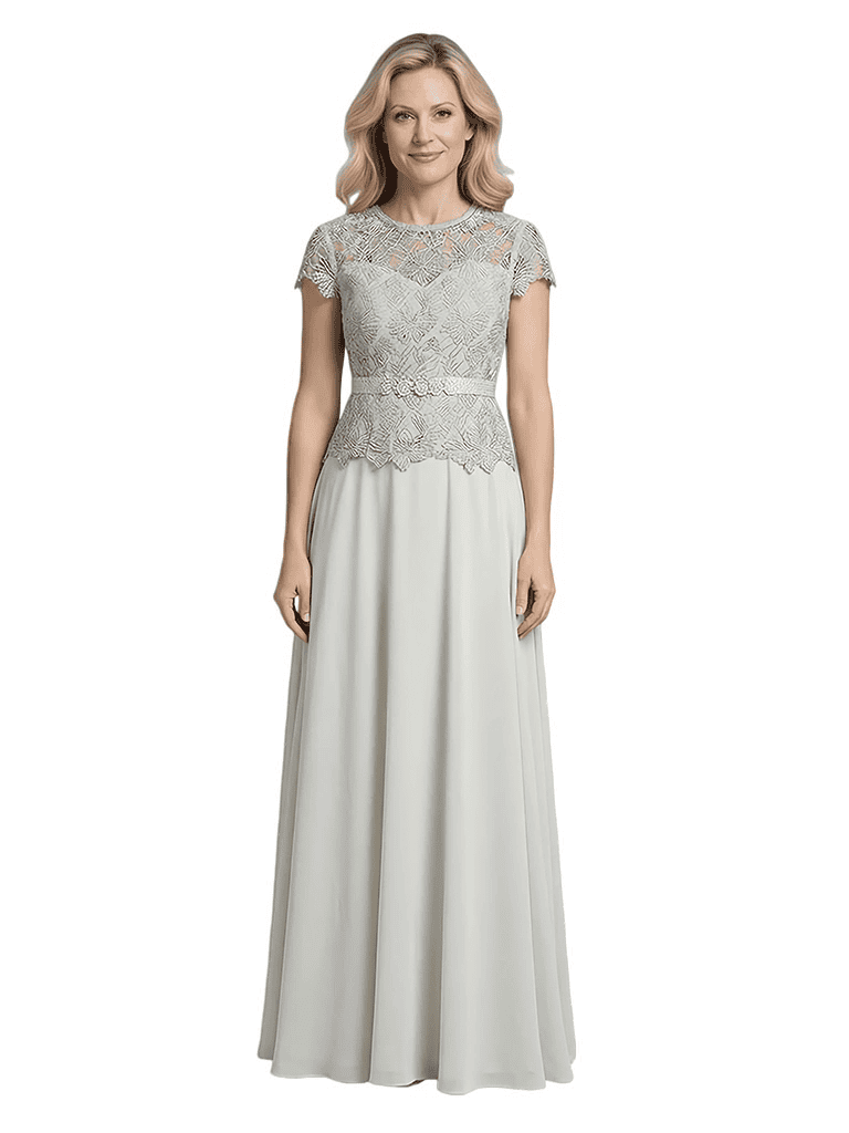 Elegant Scoop Cap Sleeves Lace Chiffon A-Line Mother of The Bride Dresses