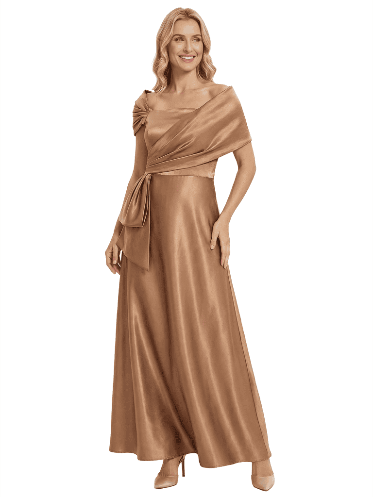 Chicsew Mother of The Bride Dresses Cape Sleeve Satin Maxi Gown Classy Bow Detailed Formal Wedding Event Dress