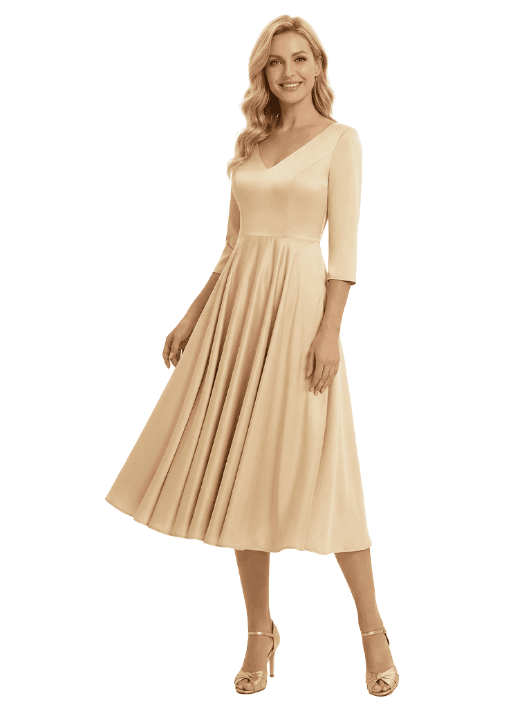 Elegant V-Neck Long Sleeves A-Line Satin Tea-Length Mother of the Bride Dresses