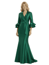 Chicsew Mother of The Groom Dresses V-Neck Bell Sleeve Satin Mermaid Maxi Gown Fancy Ruffled Formal Bridal Party Dress