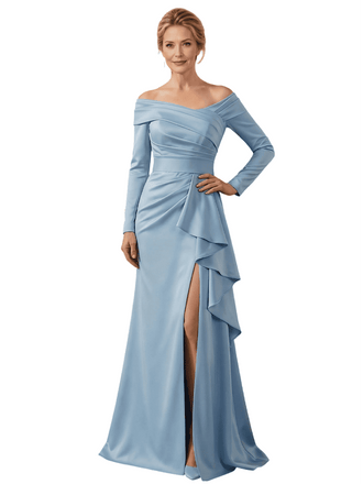 Sexy Off Shoulder Side Slit Long Sleeves A-Line Satin Mother of the Groom Evening Dress