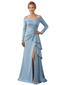 Sexy Off Shoulder Side Slit Long Sleeves A-Line Satin Mother of the Groom Evening Dress