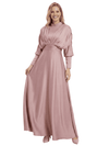 Stand Collar Satin Mother Of The Groom Dress Puff Sleeve Maxi Gown With Ruched Bodice Button Cuffs Waist Sash Luxe Elegant Formal Dresses