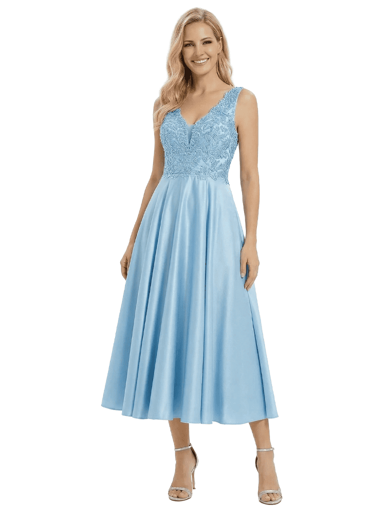 Fancy Sleeveless V-Neck A-line Lace Satin Tea-Length Mother of The Bride Dress