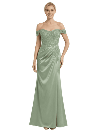 Chicsew Mother of The Groom Dresses Off The Shoulder Lace Satin Mermaid Maxi Gown Fancy Ruched Formal Bridal Party Dress