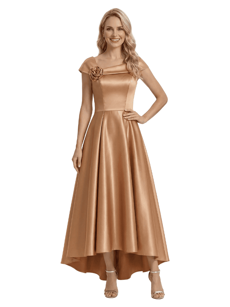 Fancy Asymmetrical Cap Sleeves Satin High Low A-Line Mother of The Bride Dress