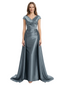 Morden V-Neck Cap Sleeves Mermaid Satin Floor-Length Mother of the Bride Dresses Overskirt
