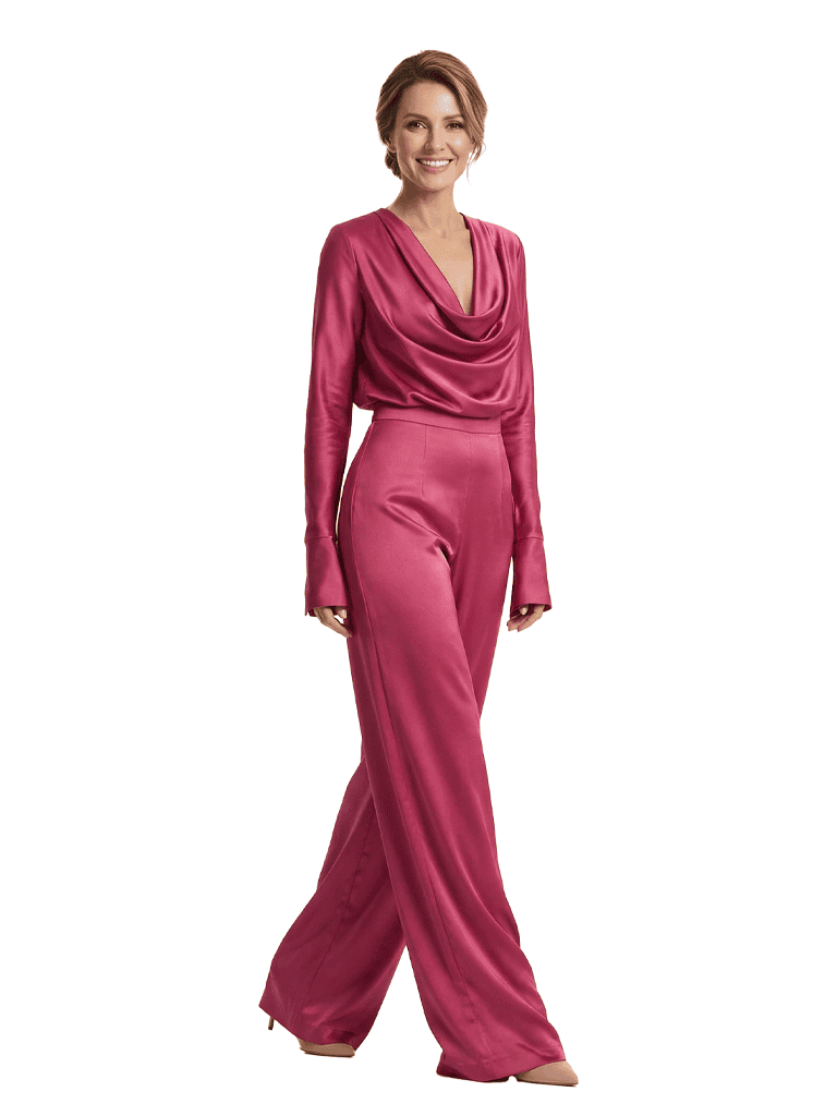 Elegant Cowl Neck Long-Sleeve Floor-Length Mother of The Groom Satin Pantsuit