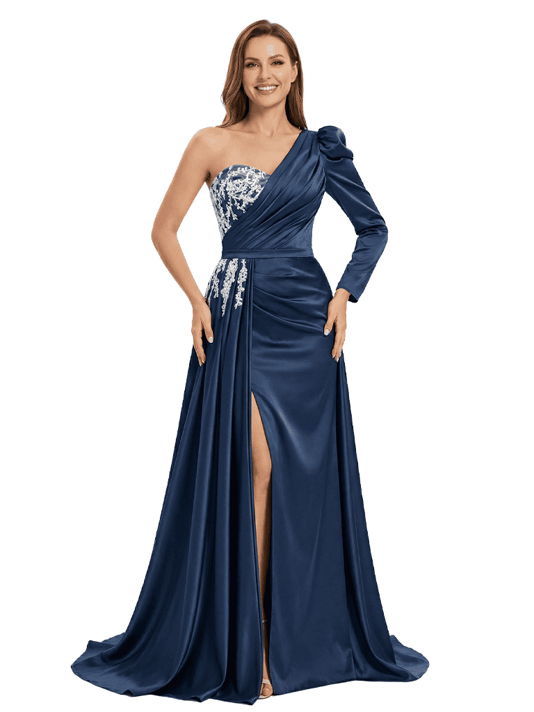 One Shoulder Side Slit Lace Satin Mother of The Groom Dress Long Sleeve Maxi Gown