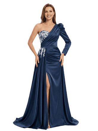 One Shoulder Side Slit Lace Satin Mother of The Groom Dress Long Sleeve Maxi Gown