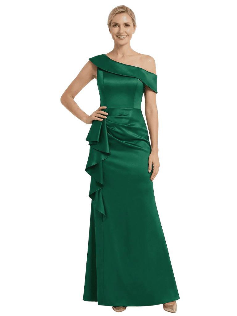 Chicsew Mother of The Groom Dresses Off Shoulder Sleeveless Satin Mermaid Maxi Gown Fancy Ruffled Formal Bridal Party Dress