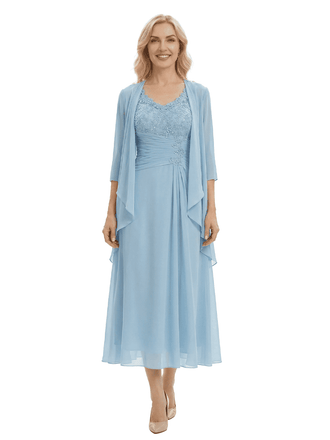 Sophisticated Lace Chiffon Mother Of The Groom Dress Tea-Length Gown And Jacket