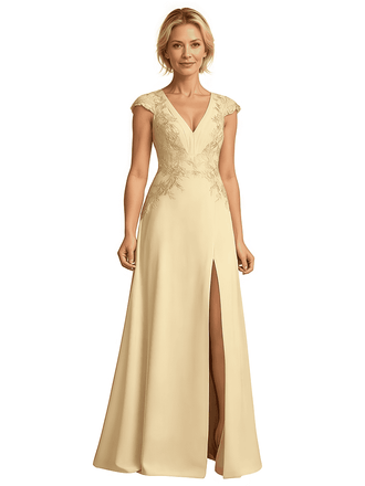 Elegant Satin V-Neck Cap Sleeves Side Slit A-Line Unique Long Mother Of The Bride Dresses