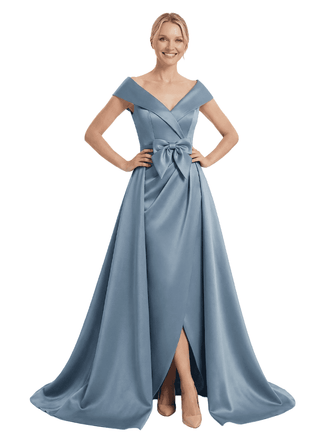 Chicsew Mother of The Groom Dresses Overskirt Cap Sleeves Satin Wedding Guest Dresses With Slit