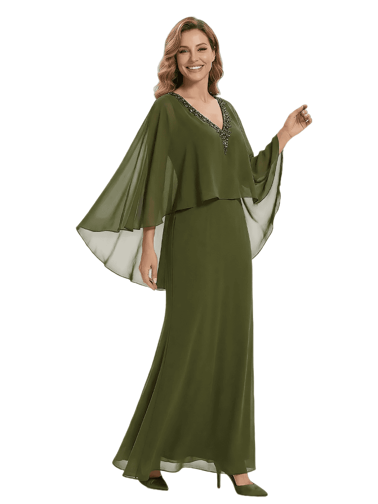 Beautiful V-Neck Cap Sleeves Beaded Chiffon Long Mother Of The Bride Dress