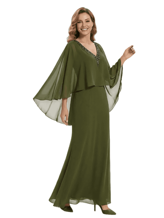 Beautiful V-Neck Cap Sleeves Beaded Chiffon Long Mother Of The Bride Dress