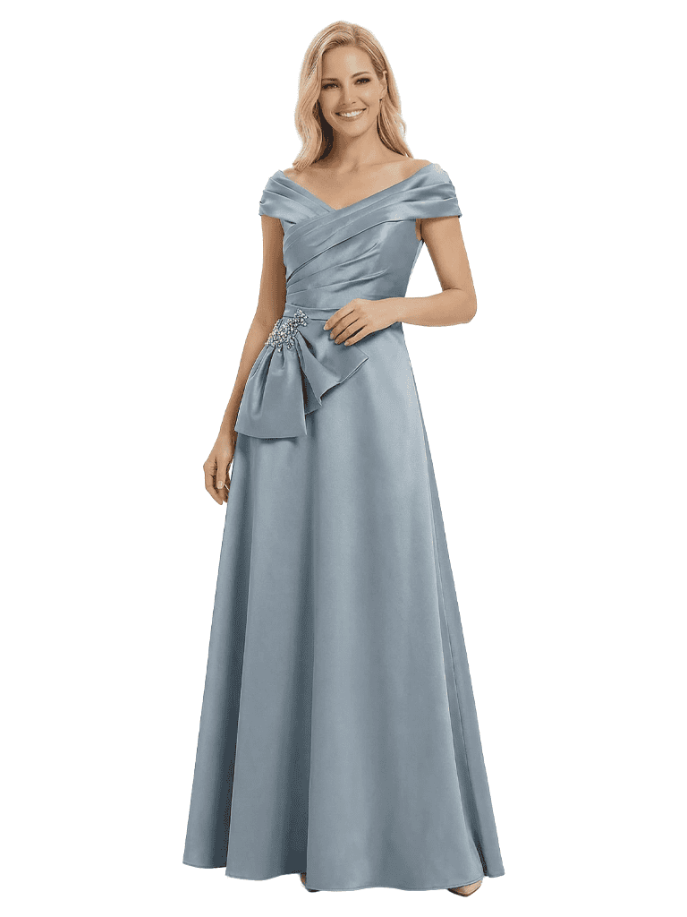 Elegant Cap Sleeves Ruffles A-Line Floor-Length Pleat Satin Mother of the Groom Evening Dress