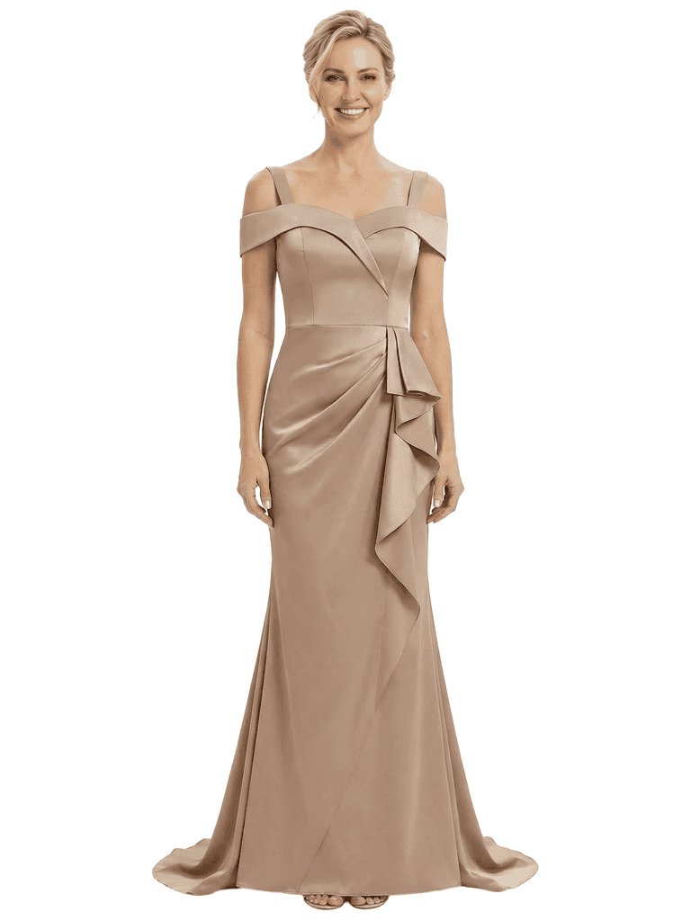Chicsew Mother of The Groom Dresses Cold Shoulder Sleeveless Satin Mermaid Maxi Gown Classy Ruffled Formal Bridal Party Dress
