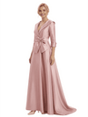 Chic Deep V-Neck 3/4 Sleeve Floor-Length With Bow Waist Mother of The Bride Satin Gown