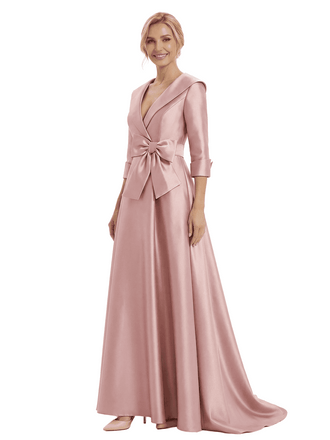 Chic Deep V-Neck 3/4 Sleeve Floor-Length With Bow Waist Mother of The Bride Satin Gown