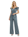 Elegant Off The Shoulder V-Neck Ruching Satin Mother Of The Groom Pants Suit