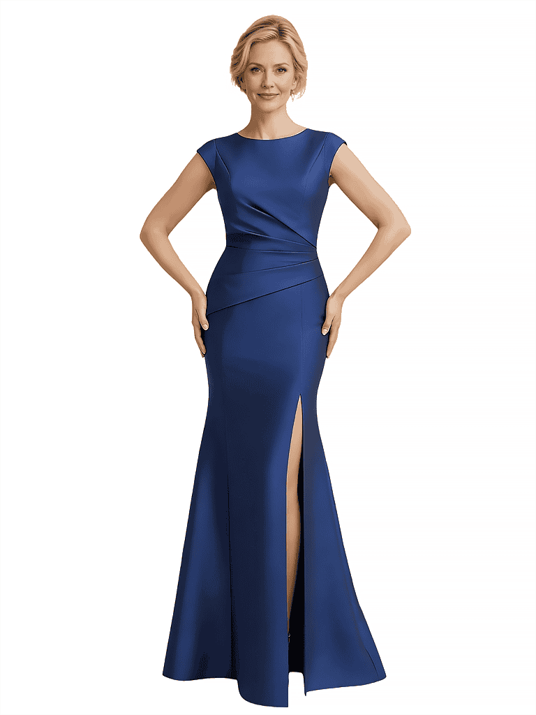 Elegant Cap Sleeves Side Slit Satin Mermaid Jewel Long Mother Of The Bride Dresses