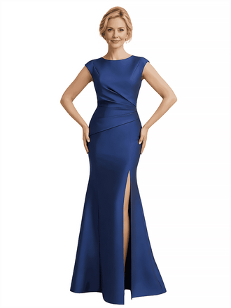 Elegant Cap Sleeves Side Slit Satin Mermaid Jewel Long Mother Of The Bride Dresses