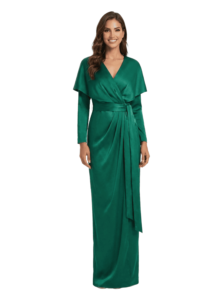 Chicsew Mother of The Bride Dresses V-Neck Long Sleeve Satin Capelet Maxi Gown Classy Belted Formal Wedding Event Attire