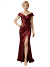 Elegant V-Neck Cap Sleeves Ruched Satin Side Slit Mermaid Mother Of The Bride Dresses